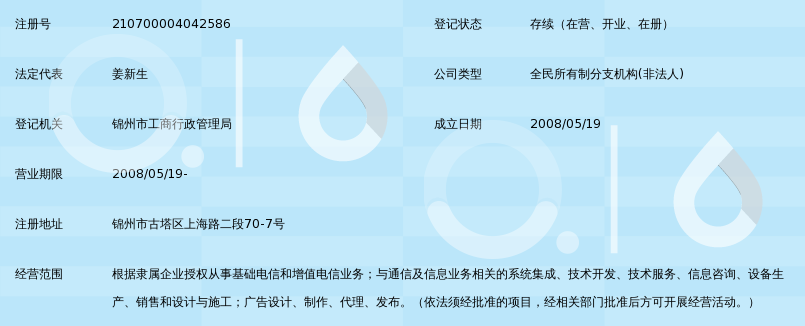 中国电信集团公司辽宁省锦州市电信分公司天安